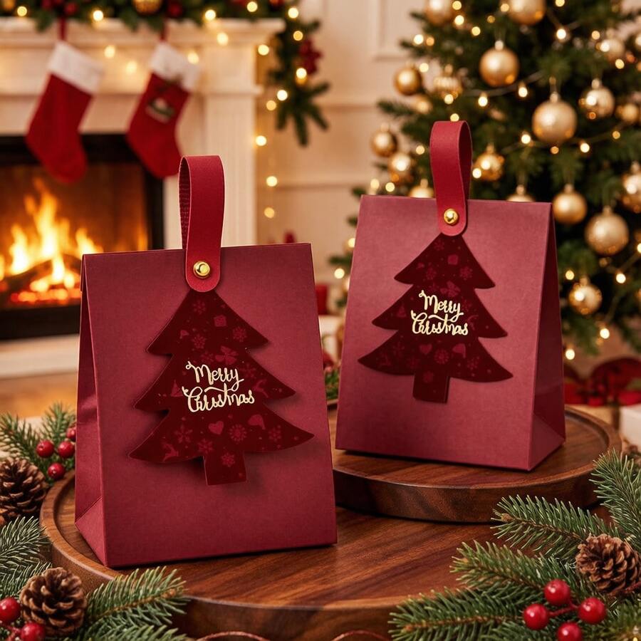 1/5/10pcs Christmas Gift Box - With Leather Handle, Felt Christmas Tree Crafts Design. Suitable For Gift Packaging, Christmas Atmosphere Decorations, Party Tote Bags, Tote Gift Bags. - View 1