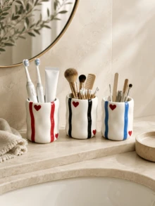 1pc Glossy Wavy Storage Cup, Bathroom Toothbrush Holder, Toothpaste Cup, Makeup Brush Organizer, Modern Vanity Tabletop Decor. Note: If The Product Has An Unusual Odor, Please Place It In A Ventilated Area For 1-3 Days - 1PC - View 3