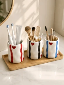 1pc Glossy Wavy Storage Cup, Bathroom Toothbrush Holder, Toothpaste Cup, Makeup Brush Organizer, Modern Vanity Tabletop Decor. Note: If The Product Has An Unusual Odor, Please Place It In A Ventilated Area For 1-3 Days - 1PC - View 5
