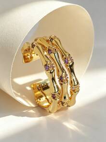 Charm-In 18K Gold Plated Brass Bamboo Open Ring, Multi Layer Purple CZ Adjustable Stackable Finger Ring For Women Daily Jewelry - Gold/Purple Stone - View 2