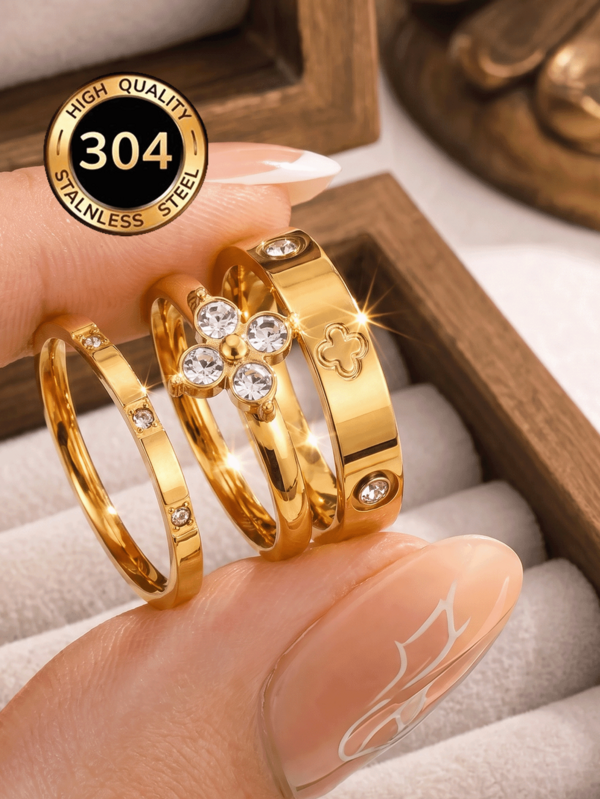 Juego de 3 anillos delicados de lujo con baño de oro de 18K, conjunto de joyería de acero inoxidable, múltiples tamaños disponibles, soluciona tu ansiedad por el tamaño, resistente al agua, resistente al desgaste, hipoalergénico, adecuado para uso diario de mujeres, fiestas, regalos, vacaciones, joyería de moda