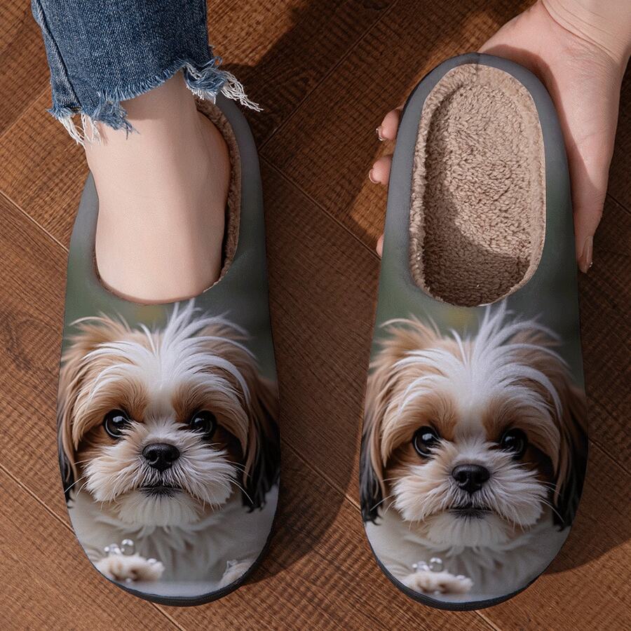 Double Animal Dog Casual Fabric Applique Halloween Heat-Pressed Cartoon Animal Slippers Home Winter Anti-Slip Plush Lining Printed Cute Animal - Brown - View 1