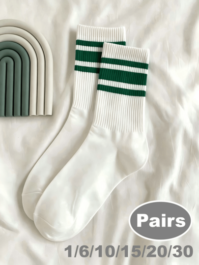 1/3/5/10/15/20/30 Pairs Unisex Green Striped Mid-Calf Socks, Personalized Soft & Comfortable For Outdoor Sports, Home, Back To School, Halloween, Christmas Gifts