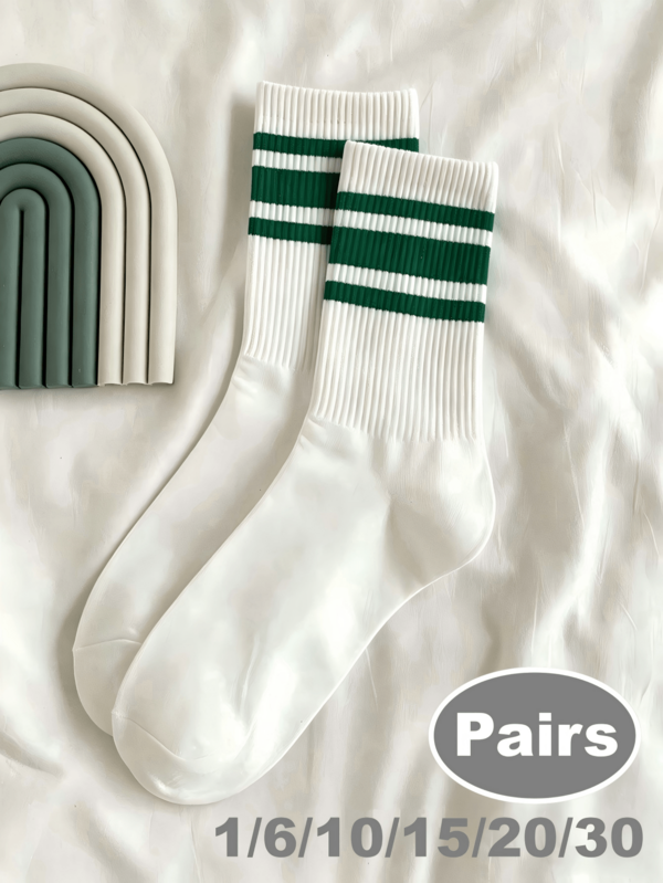 1/3/5/10/15/20/30 Pairs Unisex Green Striped Mid-Calf Socks, Personalized Soft & Comfortable For Outdoor Sports, Home, Back To School, Halloween, Christmas Gifts