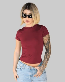 Women's Summer Cropped T-Shirt With Short Sleeves And Round Neck, Slim Fit, Solid Color, Aitona - Maroon - View 2