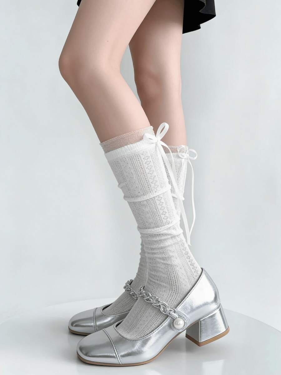 1/2 Pairs Spring/Summer Thin Sweet Versatile Ballet Style Bow Hollow Out Slouch Socks - Multicolor - View 1