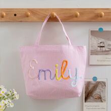 1pc Customized Bubble Gauze Tote Bag, Personalized Chenille Name Toiletry Bag, Travel Organizer Makeup Gift For Girlfriend/Mom/Teacher - Multicolor - View 11