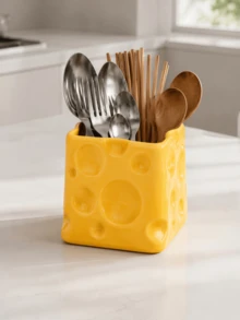 1pc Cheese-Shaped Utensil Holder, Multi-Use Kitchen Cutlery Organizer, Spoon Fork Chopstick Storage Box, Countertop Tableware Holder For Kitchen & Dining Room Decor - Multicolor - View 5