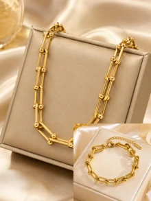 OBOVAY Fashion Casual Round Bead Decor Gold Geometric Chain Necklace, Suitable For Women's Daily Layering Wear - Multicolor - View 12