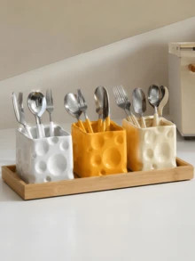 1pc Cheese-Shaped Utensil Holder, Multi-Use Kitchen Cutlery Organizer, Spoon Fork Chopstick Storage Box, Countertop Tableware Holder For Kitchen & Dining Room Decor - Multicolor - View 3