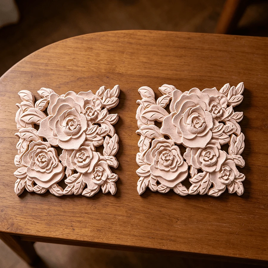 2pcs Solid Wood Carved Square Decals, Woodworking Supplies, Home Decorations, Suitable For Cabinets, Doors And Windows, Furniture, Background Walls, Porches, Offices And Other Decorations, Holiday Decorations, DIY Decorations. - Multicolor - View 1