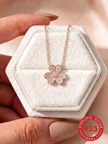 1pc Sterling Silver Minimalist Clover Pendant Necklace, Floral Cubic Zirconia Charm Clavicle Chain - Necklace - View 8