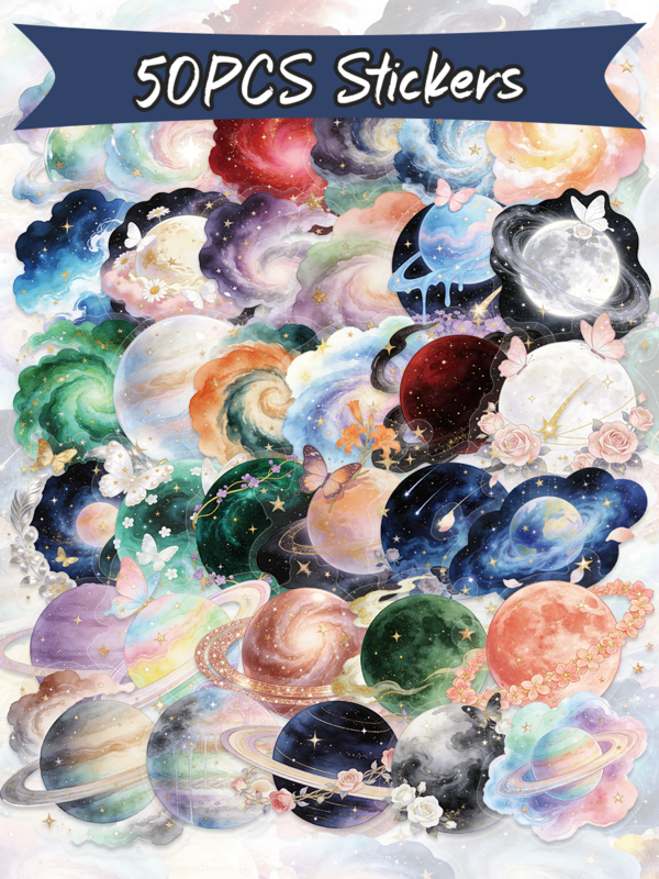 50枚 透明惑星PETステッカー、星空ステッカー、ノート、ラップトップ、スクラップブック、ジャーナル、ギター、ヘルメット、収納ボックスに適した、防水DIYデカール
