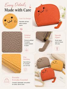 Cute Cartoon Cat Coin Purse Mini Zipper Card Holder Portable PU Leather Small Change Pouch For Women Girls Daily Use Gift, Travel Accessories - Multicolor - View 5
