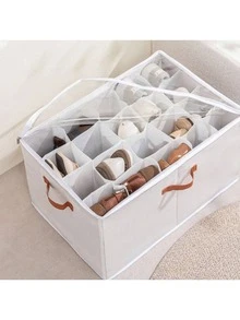 1pc 12/16/20 Grid Fabric Visible Bed Under Shoe Storage Box With Dividers, Suitable For Sneakers And Slippers Shoe Storage And Organization, Ideal For Home Shoe Storage - View 1
