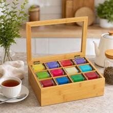 Teebeutel Organizer aus Bambus mit 12 großen Fächern und Sichtfenster, natürliche Teekiste für Küche, Büro, Teebeutel, Kaffeekapseln, Schmuck, Snacks und Bastelzubehör, praktische Aufbewahrungsbox, 28 - Beige - Übersicht 8