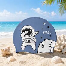 Children's Cartoon Print Silicone Swim Cap, Dinosaur Astronaut Bird Pattern, High Elasticity Snug Fit Unisex Kids Swimming Cap, B, First Day Of School - Blue - View 5