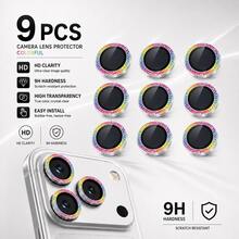 Yezodawee 亮片彩色相機鏡頭保護膜，AR+AF 鋼化玻璃適用於 17 Pro Max/16/16 Plus/17，9H 防刮金屬單鏡頭保護膜，高清晰透明相機配件 9片/包 - 彩色 - 查看 12