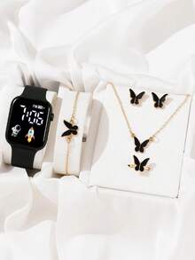 6pcs/Pink Butterfly Full Jewelry Set + Astronaut/Rocket Digital Display Electronic Watch Complete Set, Sweet And Energetic, Versatile For Children And Daily Commute, One Set Completes Your Outfit Accessories - Multicolor - View 3