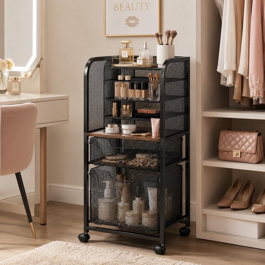 Makeup Storage Box & Cabinet, Large Capacity Cosmetics Organizer For Perfume Makeup Brushes Tools, Vanity Storage Rack – Black