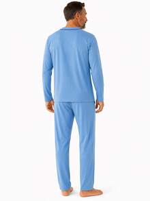 Men's Open Button Pajamas With Long Sleeves And Long Pants For Winter Post-Surgical Use In Knit Fabric - Azul - Ver 2