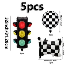 5pcs Set Traffic Light & Black And White Checkered Ball & Black And White Checkered Flag Shaped Aluminum Foil Balloons, Racing Theme Party Decoration Balloons - View 7