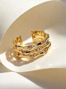 Charm-In 18K Gold Plated Brass Bamboo Open Ring, Multi Layer Purple CZ Adjustable Stackable Finger Ring For Women Daily Jewelry - Gold/Purple Stone - View 3