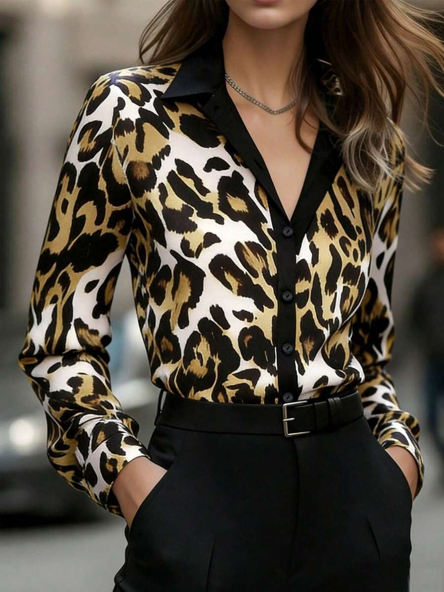 女款秋冬對比色翻領緞面豹紋長袖襯衫,性感豹紋對比色拼接設計,對比色挺括長袖翻領通勤上班襯衫 - 黑色 - 查看 1
