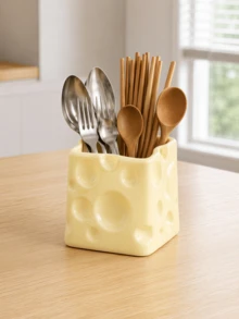 1pc Cheese-Shaped Utensil Holder, Multi-Use Kitchen Cutlery Organizer, Spoon Fork Chopstick Storage Box, Countertop Tableware Holder For Kitchen & Dining Room Decor - Multicolor - View 4