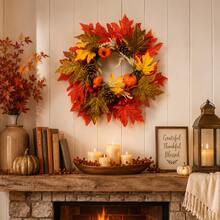 1piece Of 35cm Large Autumn Maple Leaf Decoration Flower Wreath, Small Pumpkin Pine Cone, Red Fruit, Wheat Ear Combination For Landscaping, Can Be Hung At The Front Door Fireplace, Foyer Dining Table, Halloween Harvest Season Home Soft Decoration Pe - Multicolor - View 6