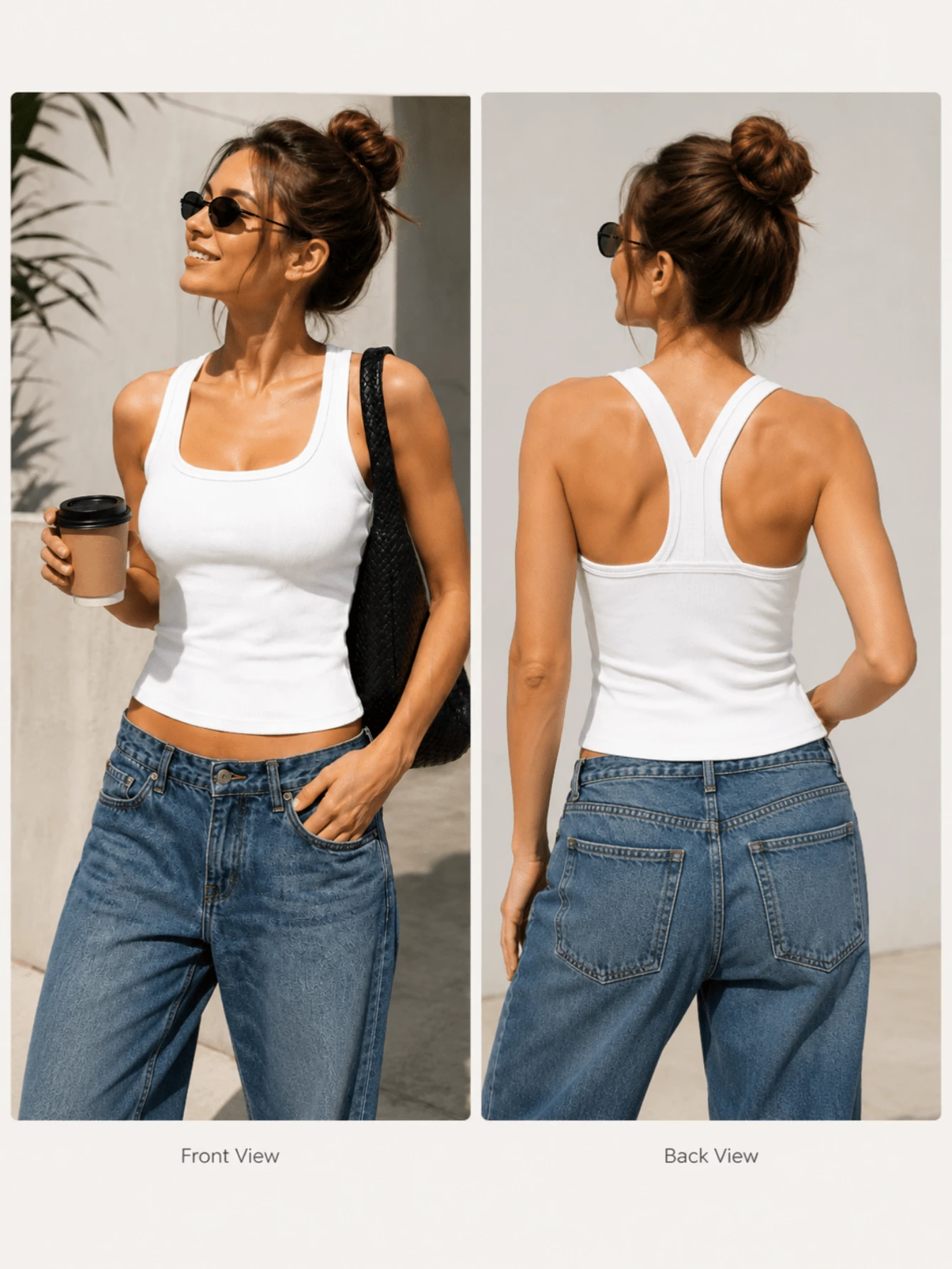Women's Solid Color Ribbed Knit Y-Back Camisole, Built-In Bra, U-Neck Fitted Sleeveless Cropped Tank Top, Suitable For Sports And Casual Wear - White - View 1