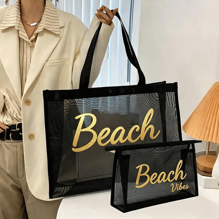 2pcs Black Mesh Makeup Bag Large Beach Storage Bag With Beach Text Print Travel Toiletry Bag Outdoor Summer Vacation Shopping Gift - Black - View 1