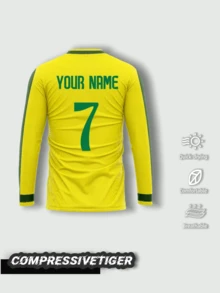 1pc Brazil Long Sleeve Soccer Jersey, Personalized Football Shirt, Breathable Athletic Top For Soccer Basketball Running Sports, Yellow - Yellow - View 2