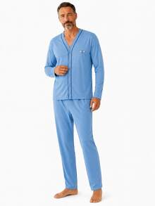 Men's Open Button Pajamas With Long Sleeves And Long Pants For Winter Post-Surgical Use In Knit Fabric - Azul - Ver 1
