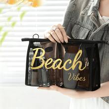 2pcs Black Mesh Makeup Bag Large Beach Storage Bag With Beach Text Print Travel Toiletry Bag Outdoor Summer Vacation Shopping Gift - Black - View 6
