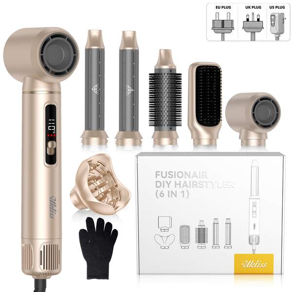 UKLISS 6-In-1 Multifunctional 200 Million Negative Ion Hot Air Brush & Auto Curler & Hair Dryer Set, 6 Interchangeable Brush Heads, Auto Curl, Straighten, Volumize, Shape; Smooth Frizz, 3 Temperature Settings, Dual-Directional Airflow Auto Curl, Beginner Friendly; Anti-Scald Body With 360° Anti-Tangle Power Cord, Perfect For Gifts And Travel, Mother's Day, Valentine's Day