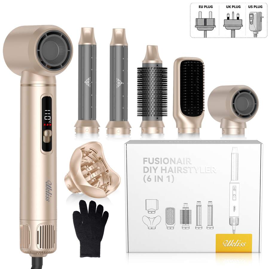 UKLISS 6-In-1 Multifunctional 200 Million Negative Ion Hot Air Brush & Auto Curler & Hair Dryer Set, 6 Interchangeable Brush Heads, Auto Curl, Straighten, Volumize, Shape; Smooth Frizz, 3 Temperature Settings, Dual-Directional Airflow Auto Curl, Beginner Friendly; Anti-Scald Body With 360° Anti-Tangle Power Cord, Perfect For Gifts And Travel, Mother's Day, Valentine's Day