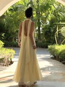 優雅浪漫海灘週年紀念正式晚宴婚禮賓客約會之夜垂領洋裝派對秋季 - 淡黃色 - 查看 3