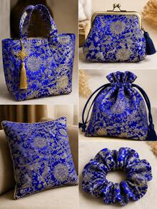 蓝色花卉提花缎面面料，金色金属花卉藤蔓提花缎面面料，柔软顺滑，透气耐用，高品质面料，适合晚礼服、服装和家居装饰。 - 1 - 查看 9