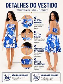 Romantic Blue And White Floral Short Dress With Halter Neckline For Vacation Fashion Gringa Spring And Summer - 藍白色 - 查看 5