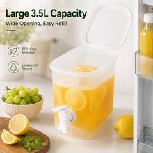 3.5L Plastic Beverage Dispenser With Faucet, Refrigerator Drink Dispenser, Wide Mouth Lid Narrow Body Container, Fruit Tea Pot Lemonade Beverage Container, Suitable For Refrigerator And Party - White - View 3