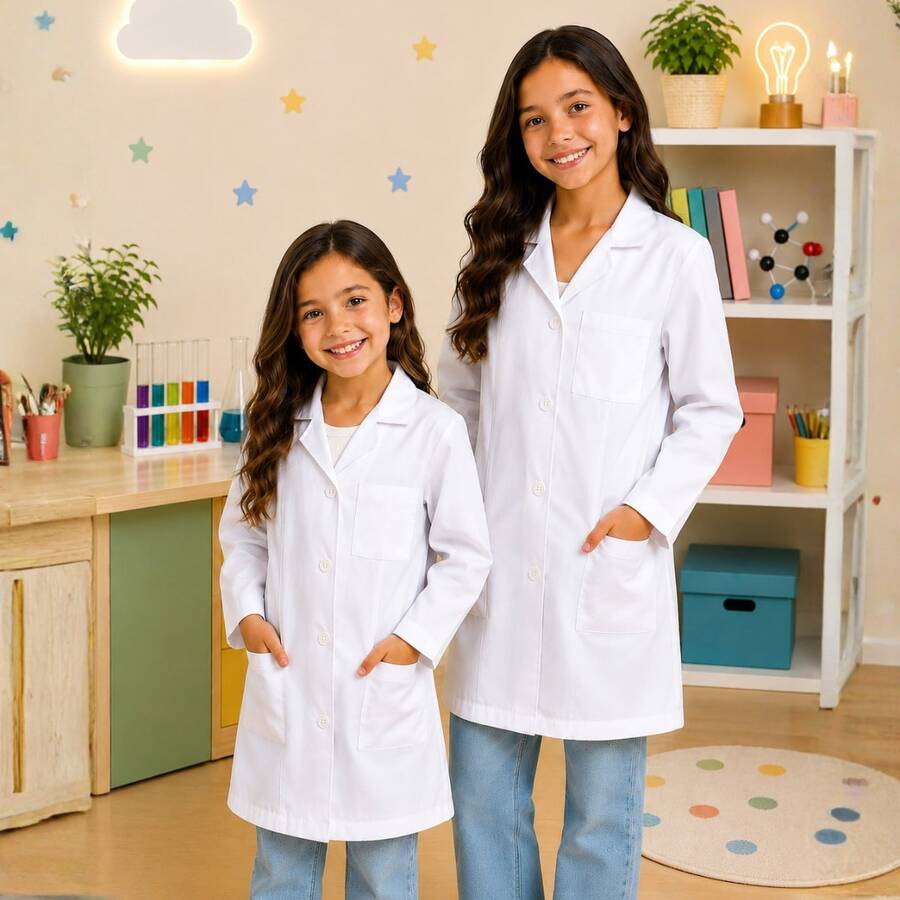 White Apron For Girls, School, Laboratory, Long Sleeve - White - View 1