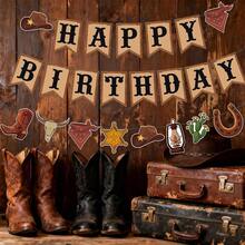 1 Set Western Style Happy Birthday Banner Brown Cowboy Floral Wreath Sign, Suitable For Cowgirl Rodeo Theme Birthday Party Decoration, Wild West Country Party Decor - View 5