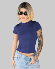 Women's Summer Cropped T-Shirt With Short Sleeves And Round Neck, Slim Fit, Solid Color, Aitona - 藏蓝色 - 查看 3