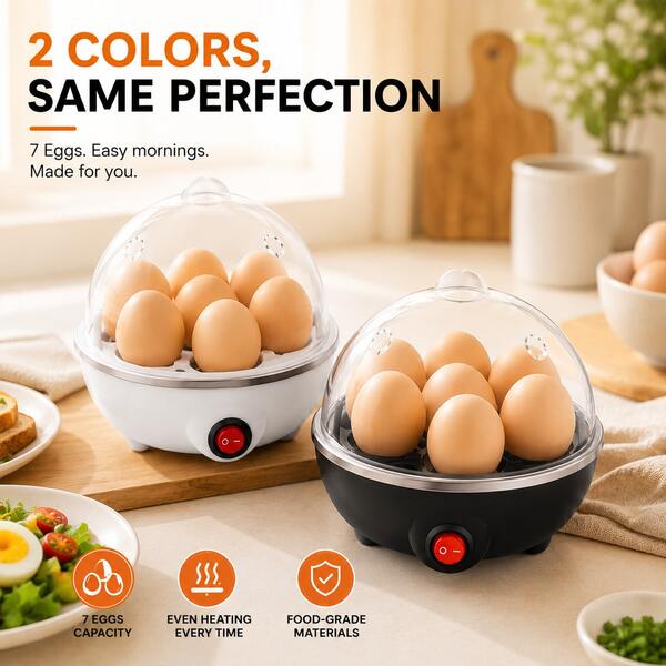 7 Egg Electric Egg Cooker, Rapid Egg Boiler With Auto Shut-Off, Musical Buzzer & Overheat Protection, Egg Poacher & Mini Food Steamer For Soft, Medium & Hard-Boiled Eggs, Egg Custard, Compact Kitchen Appliance For Home Use, Portable Easy Efficient