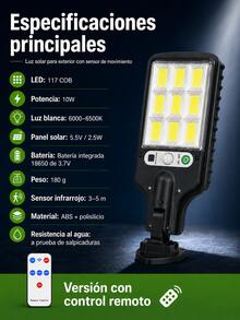 Outdoor Solar LED Light With Motion Sensor, 108 COB LEDs, White Light, Waterproof, Wire-Free, For Patio, Garage And Driveway - Versión Pro - Con Control Remoto - View 8