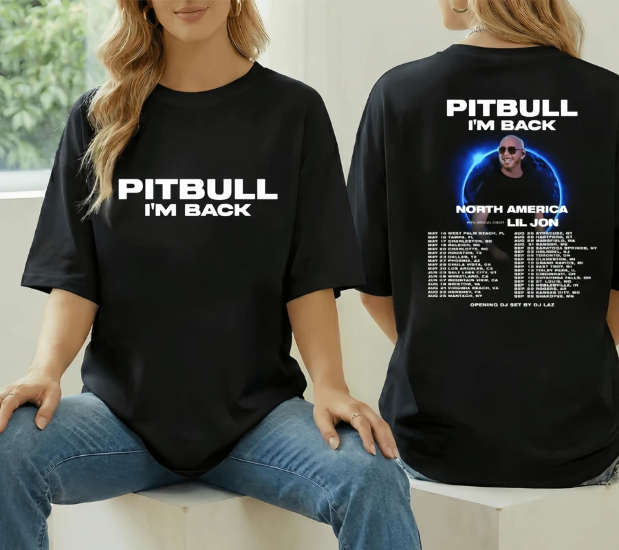 تي شيرت جولة Pitbull I'm Back 2026، حفل Pitbull في أمريكا الشمالية 2026، هدية لمحبي Pitbull، بضائع جولة Pitbull، تي شيرت رسومي Pitbull، P - الأسود - مشاهدة 1