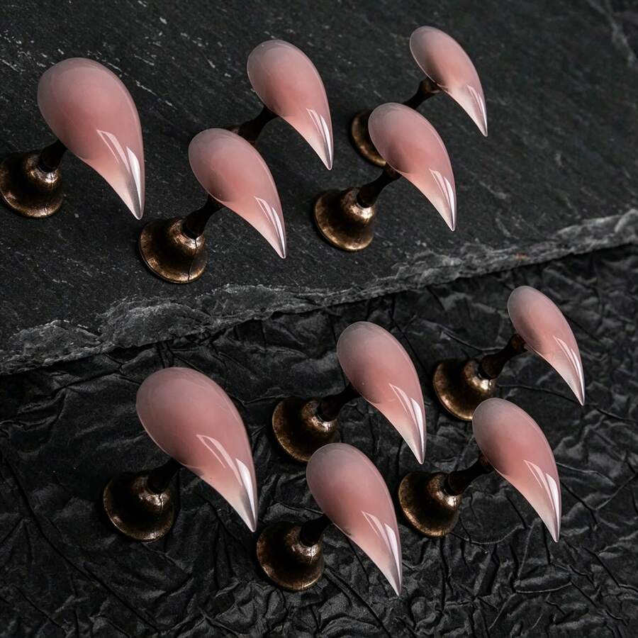 10pcs 25MM Unique Personalized Retro Street Charm Simple Casual Elegant Daily Exquisite Sweet Cute Solid Color Jelly Pink Transparent Pointed Handmade Short Cat Eye False Nail Patch Set, Suitable For Girls And Women, Making You More Charming Nails Handmade Press On Nails - Watermelon Pink - View 1