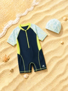 Balabala 1pc Boys' Summer Rash Guard, Comfortable Beach & Swimming Wear - Blue-green Hue - View 10