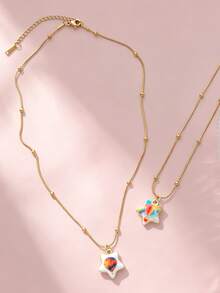 1pc Stainless Steel Chain Star Pendant Necklace, Sun Moon Star Oil Drop Exquisite Pendant Necklace, Flower Pattern Charm, Women's Fashion Jewelry, Vacation Accessory - Multicolor - View 8